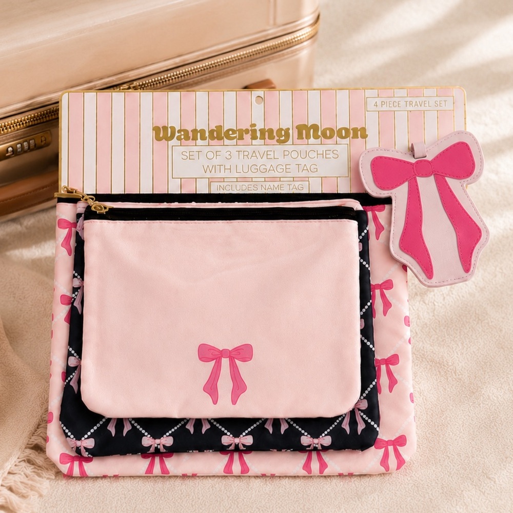 *New* Wandering Moon Pink Bow Set of 3 Travel Pouches w/ Luggage Tag